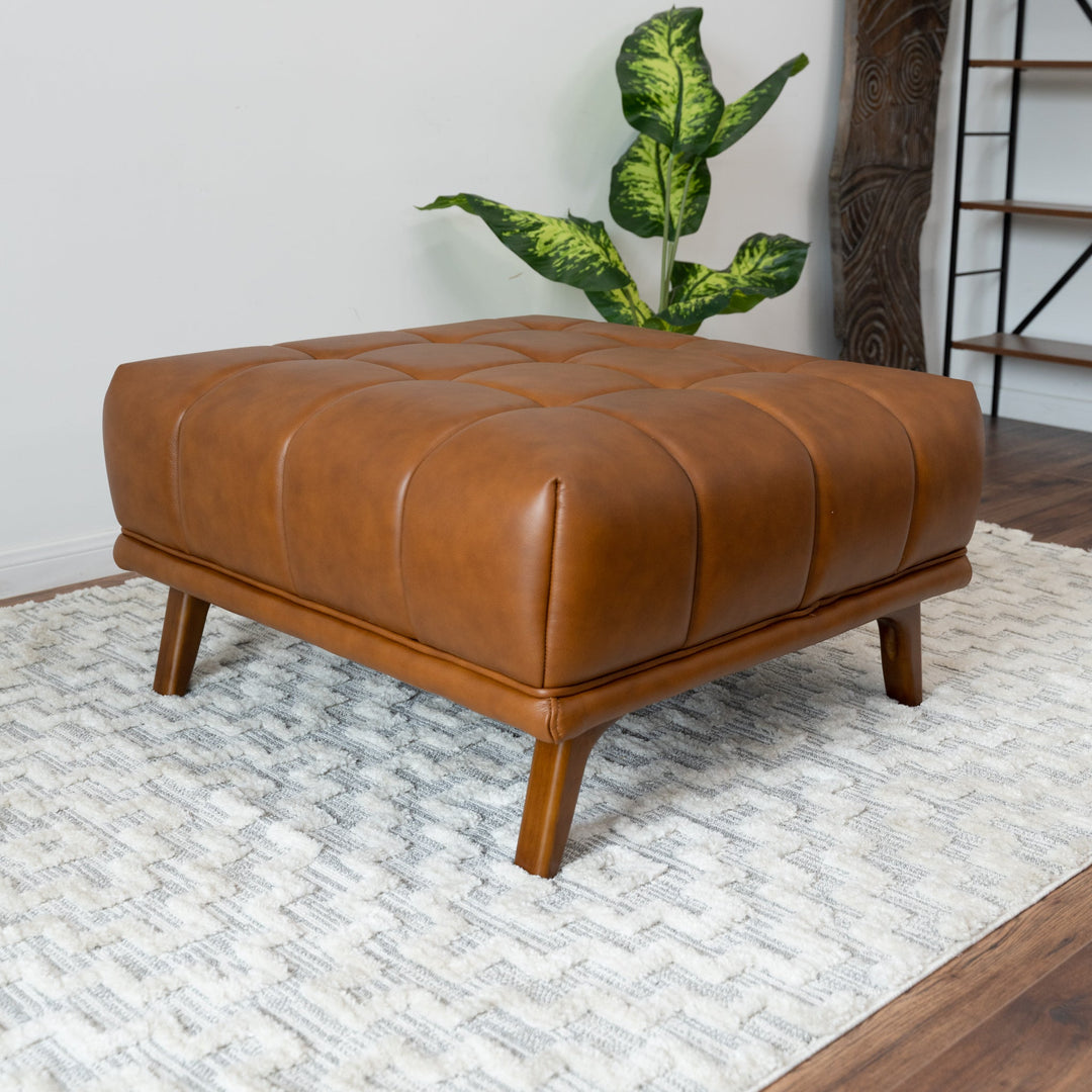 Addison Square Upholstered Ottoman Cognac Leather Photo with Background