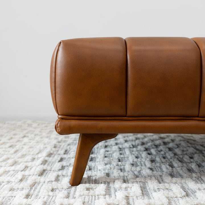 Addison Square Upholstered Ottoman Cognac Leather Zoomed In Side