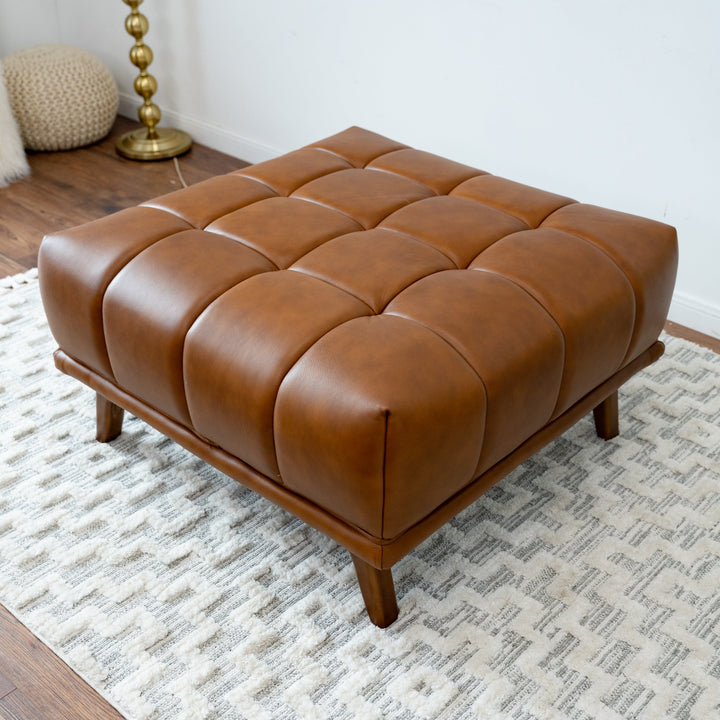 Addison Square Upholstered Ottoman Cognac Leather Left Angle