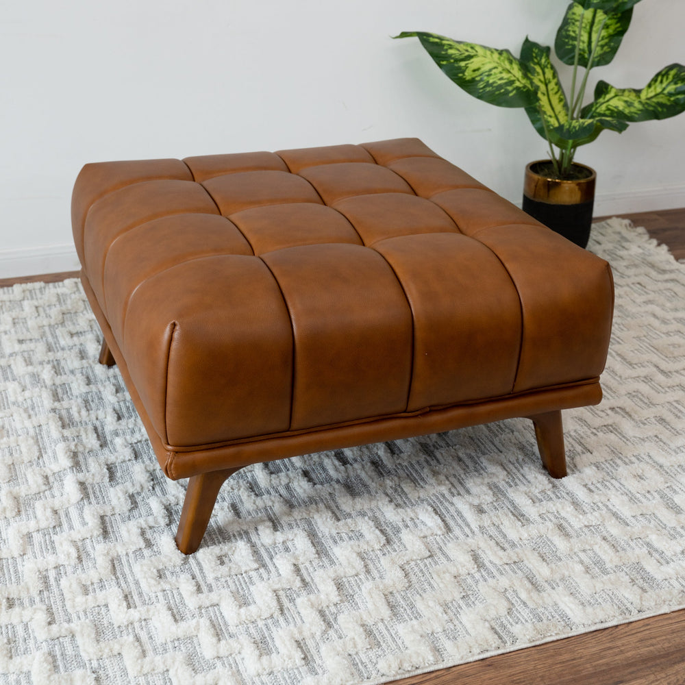 Addison Square Upholstered Ottoman Cognac Leather Closeup