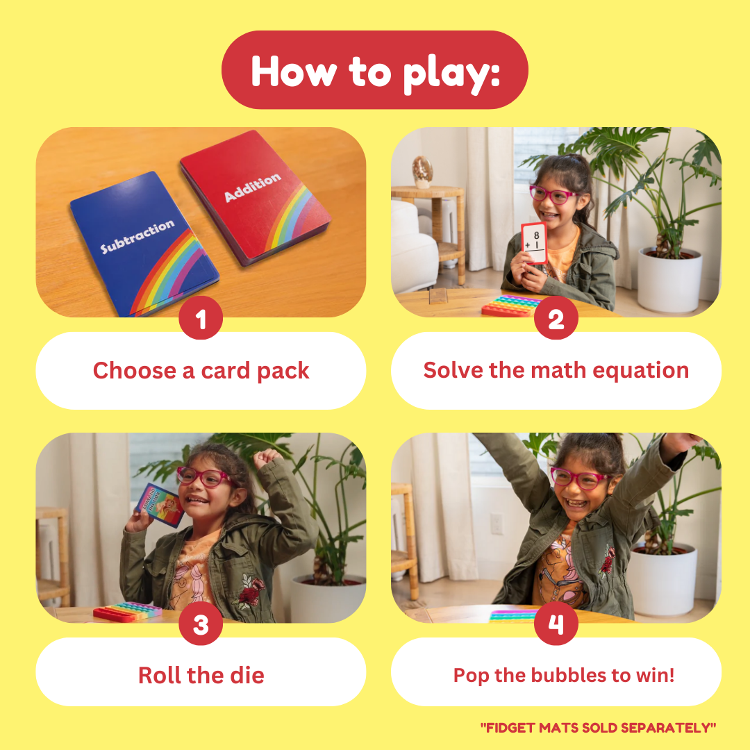 Instructions for a math game with colorful cards and a die on a yellow background.