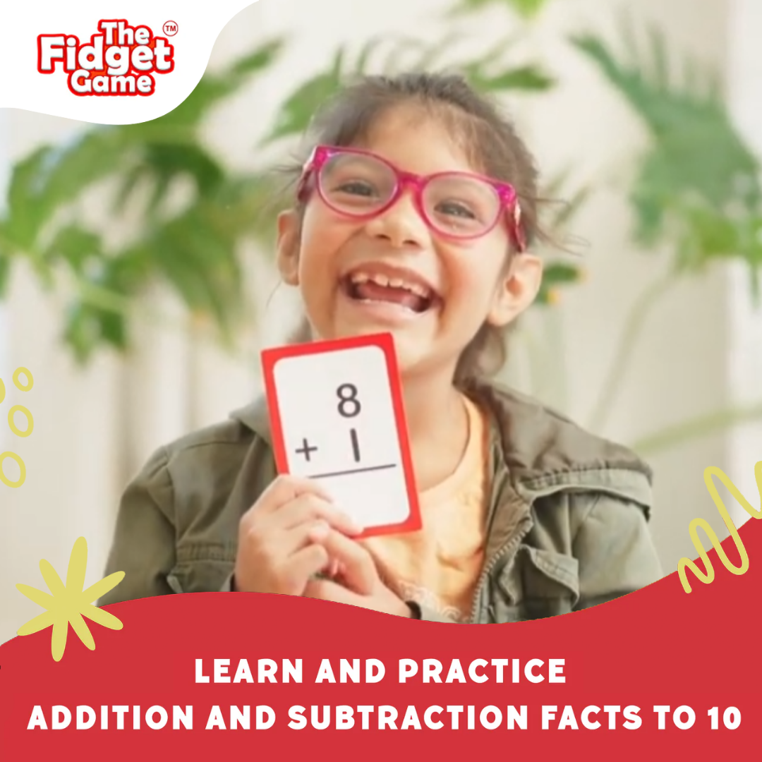 Child holding a math card with 8 + 1 and smiling, with the Fidget Game logo above.