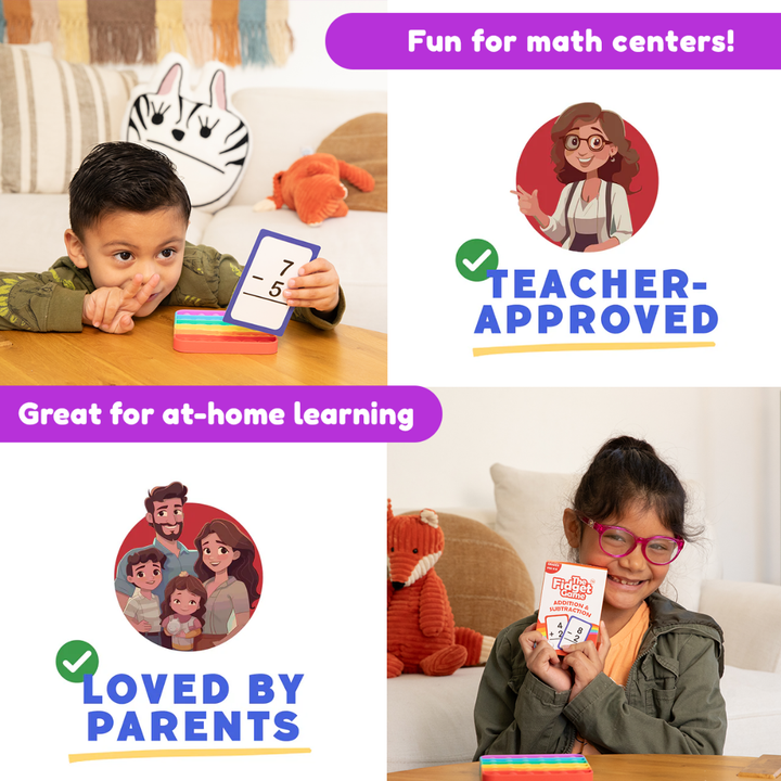 Children using educational math cards with promotional text about math centers, teacher approval, and parental love.