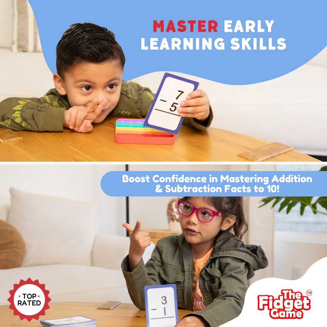 Children playing with educational cards on a table, promoting early learning skills and confidence in addition and subtraction.