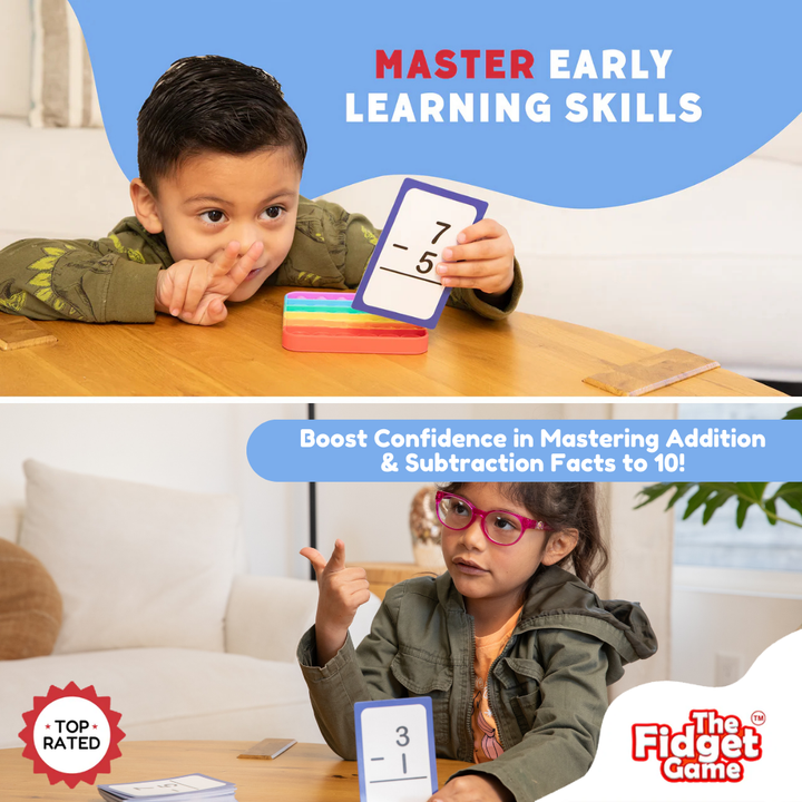 Children playing with educational cards on a table, promoting early learning skills and confidence in addition and subtraction.