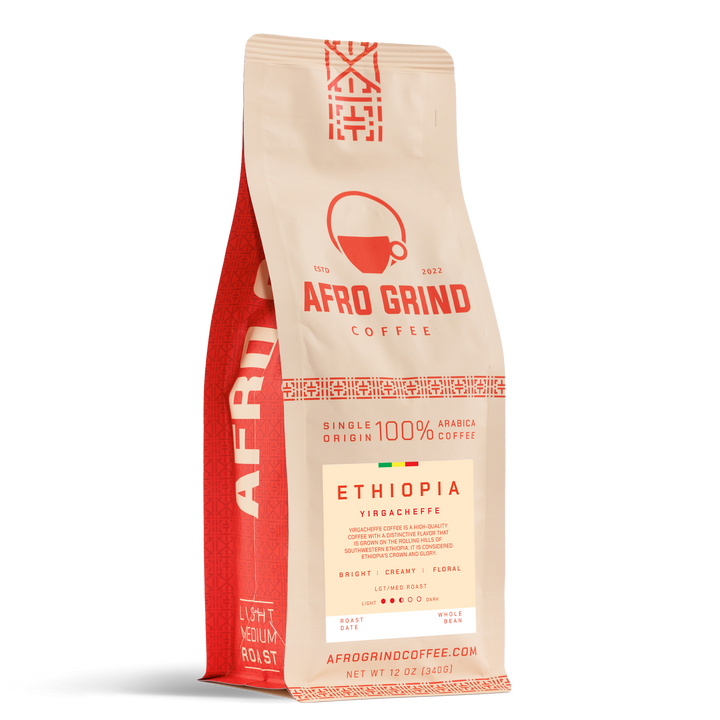 Red and beige coffee bag labeled Afro Grind Coffee on a white background.
