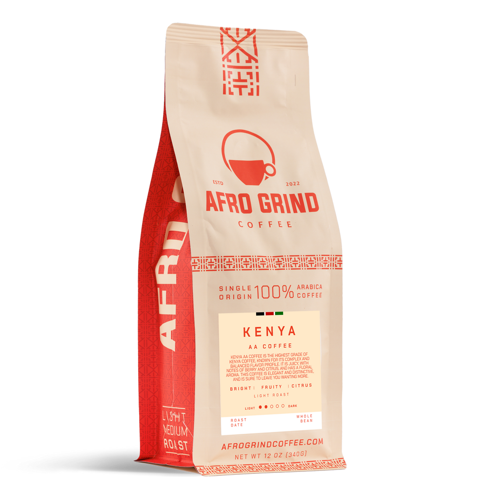 Red and beige coffee bag labeled Afro Grind Coffee on a white background.