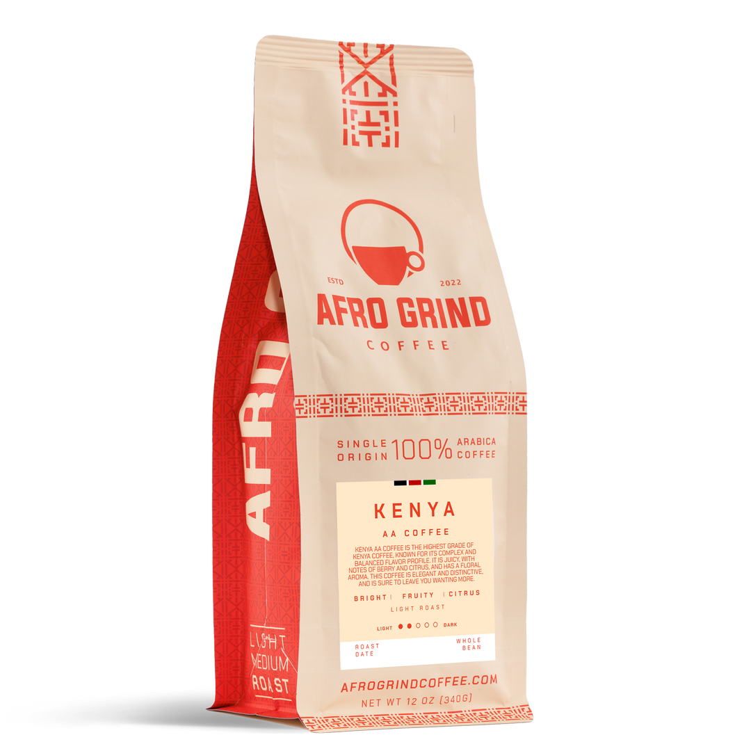 Red and beige coffee bag labeled Afro Grind Coffee on a white background.