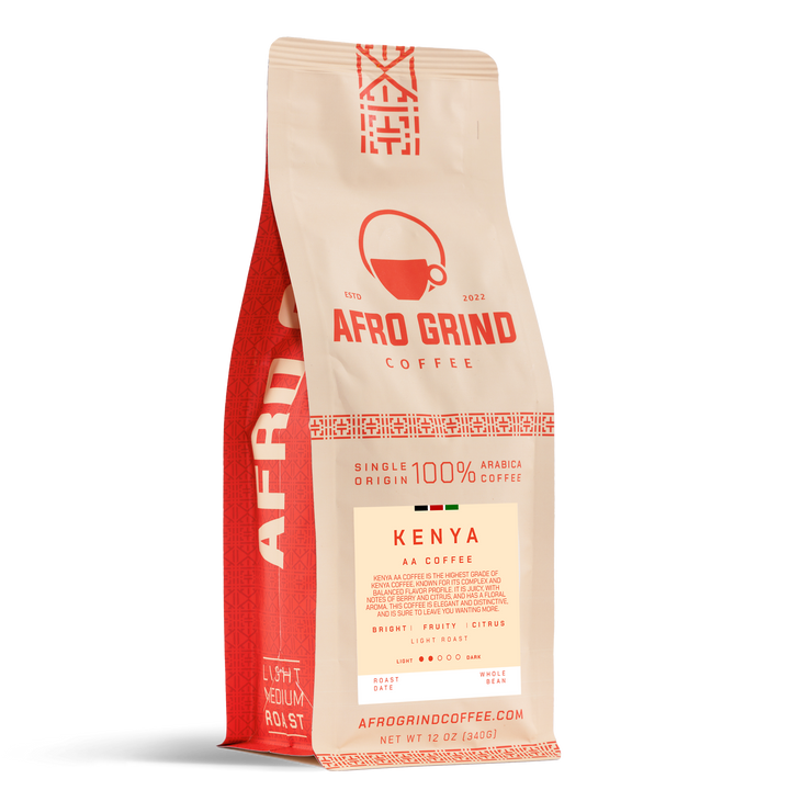 Red and beige coffee bag labeled Afro Grind Coffee on a white background.