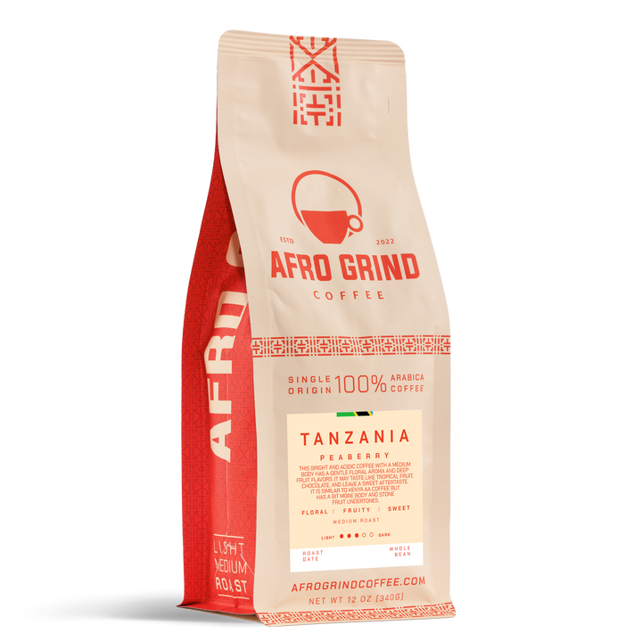 Red and beige coffee bag labeled Afro Grind Coffee on a white background.