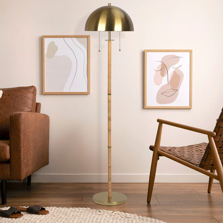 Allure 2-Light Floor Lamp, Gold Brass, Natural Rattan Tube, Double on and off Pull Chain In Room.