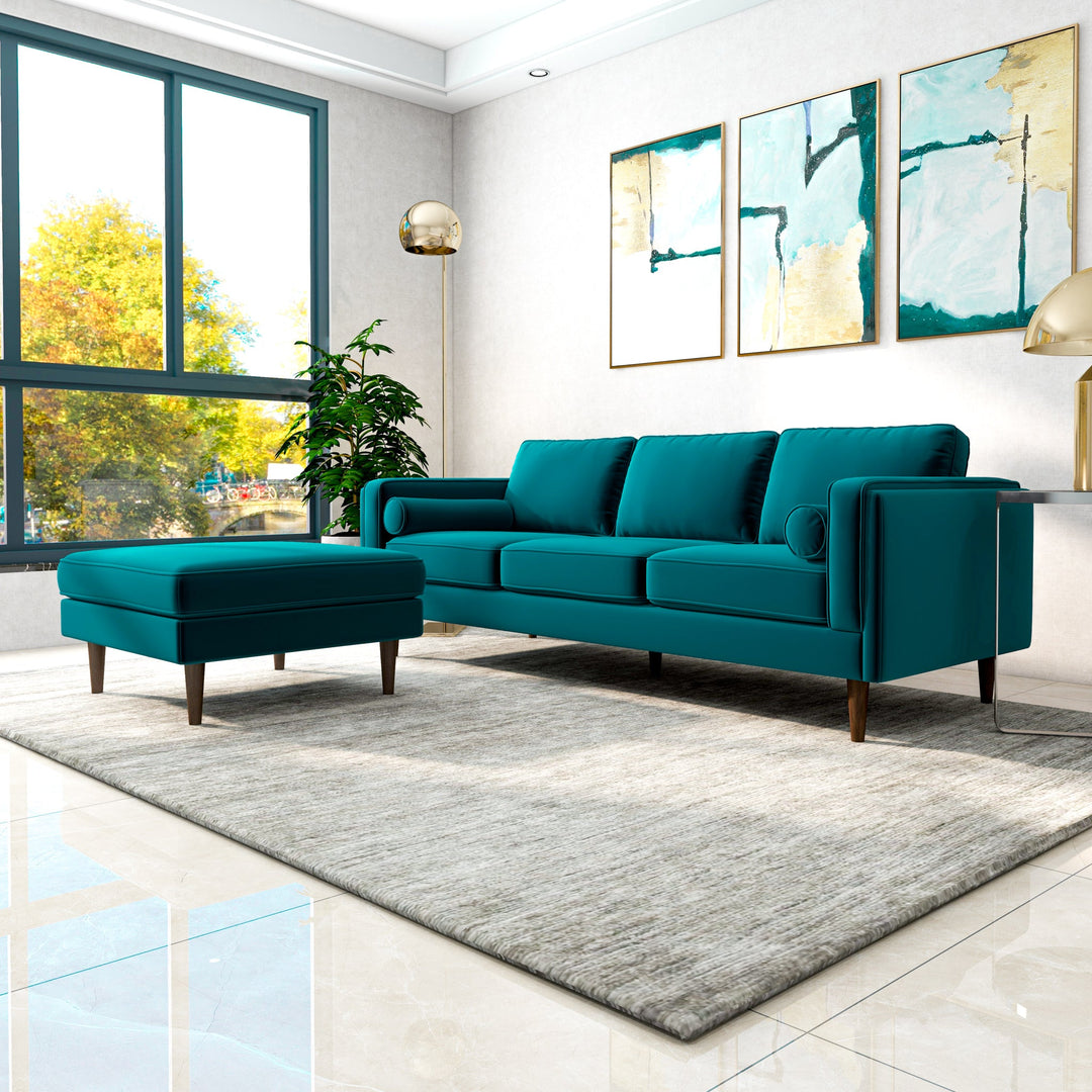 Amber Square Upholstered Ottoman (Teal Velvet) Left Angle View