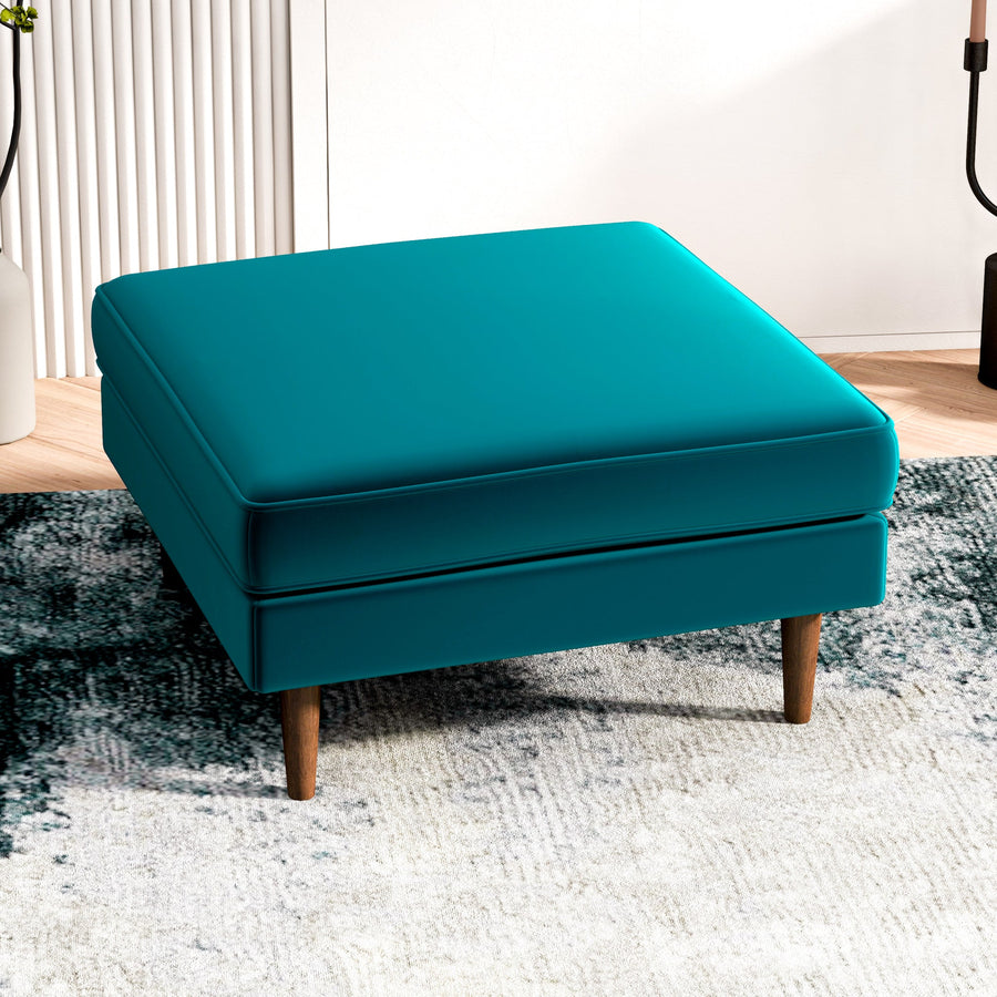 Amber Square Upholstered Ottoman (Teal Velvet)