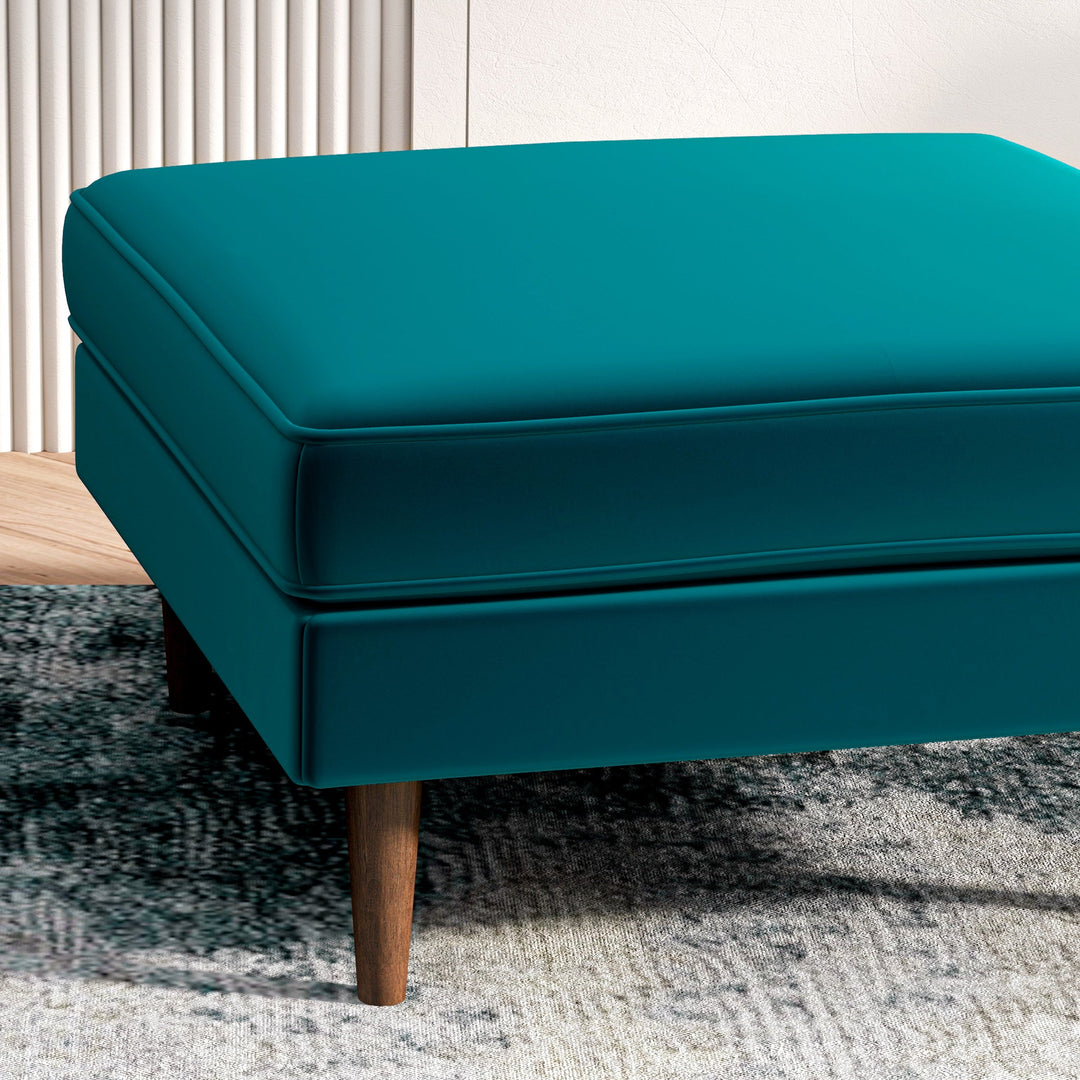 Amber Square Upholstered Ottoman (Teal Velvet) Zoomed Closeup