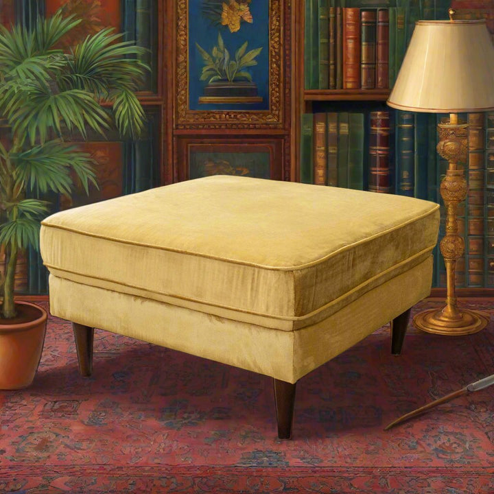 Amber Square Upholstered Ottoman (Yellow Velvet) Left Angle Photo