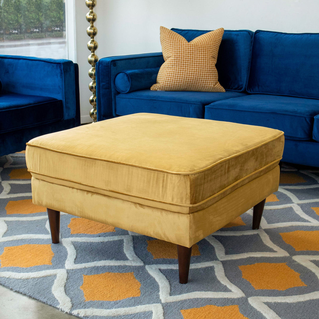 Amber Square Upholstered Ottoman (Yellow Velvet) Left Angle View