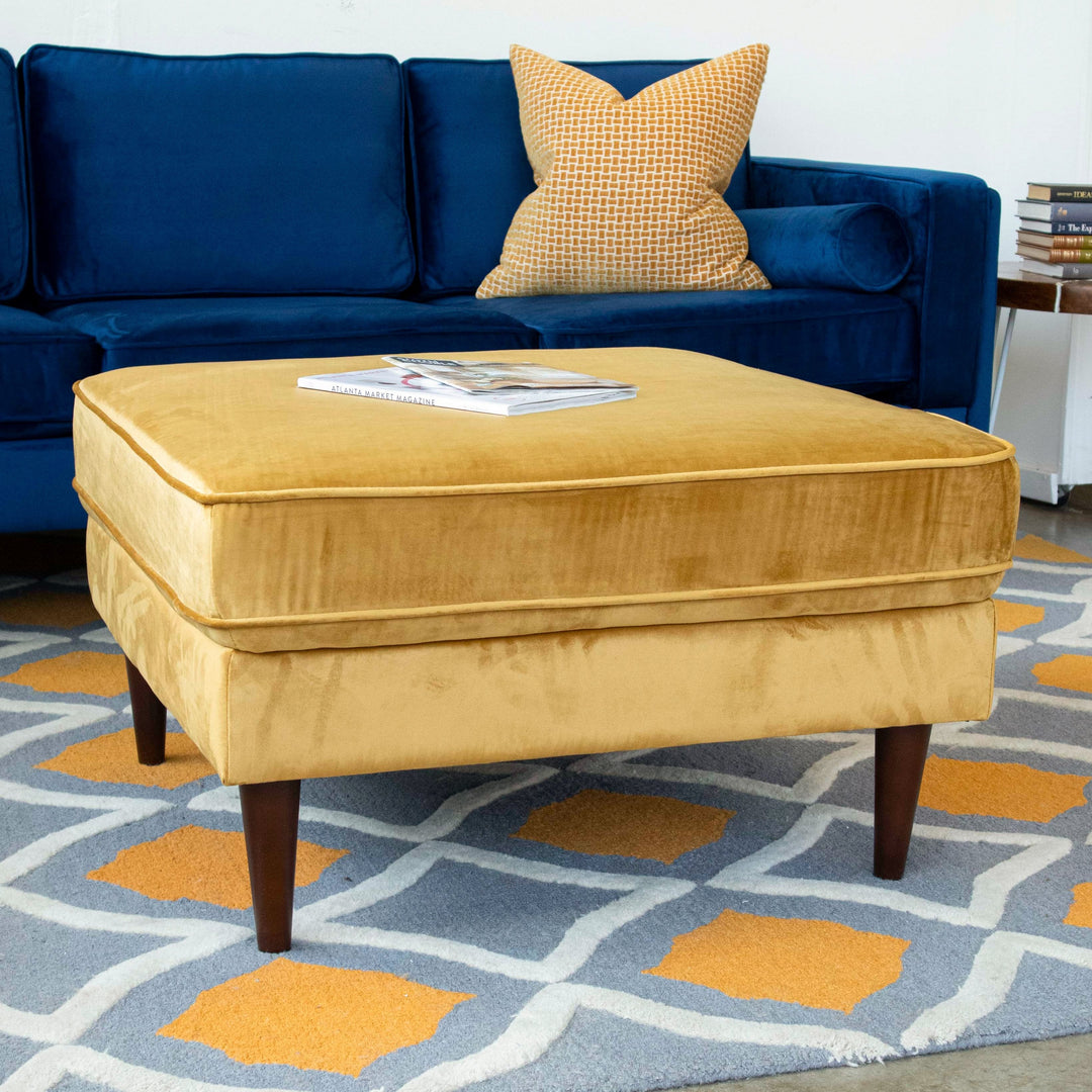 Amber Square Upholstered Ottoman (Yellow Velvet) Closeup