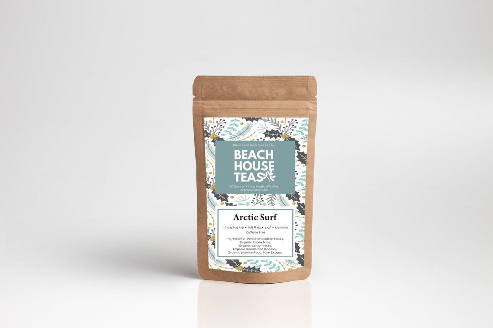 Beach House Teas Arctic Surf tea package on a light gray background.