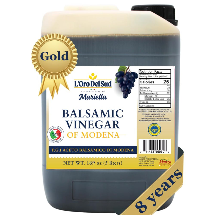 L'Oro Del Sud, "Gold Label" 8 year Aged Balsamic Vinegar of Modena, IGP Certified, 5 liters (169 fluid oz)