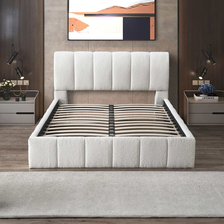 Hilar White Boucle Platform Bed Queen without Mattress.