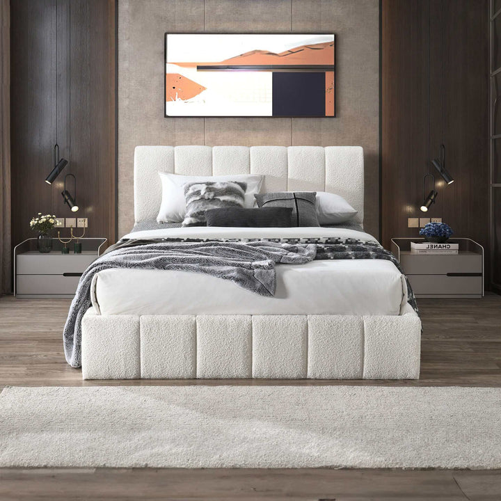 Hilar White Boucle Platform Bed King Front