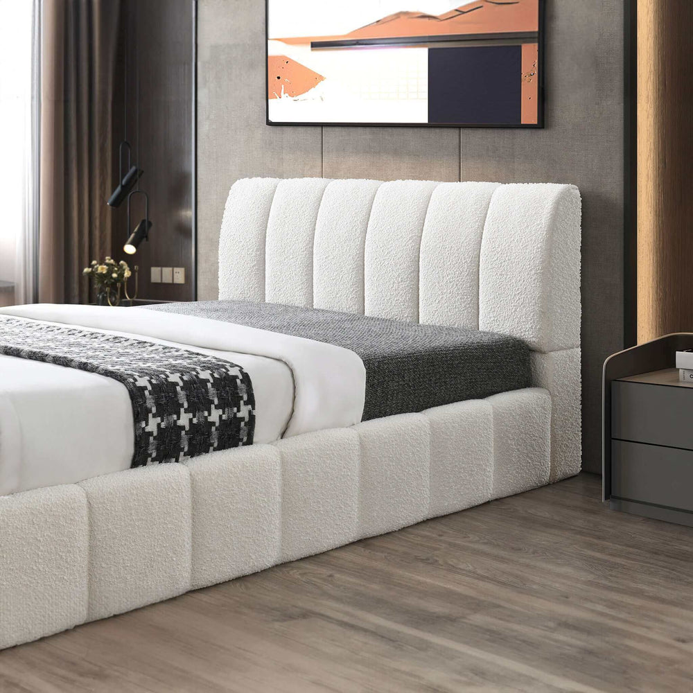 Hilar White Boucle Platform Bed Queen Left Angle