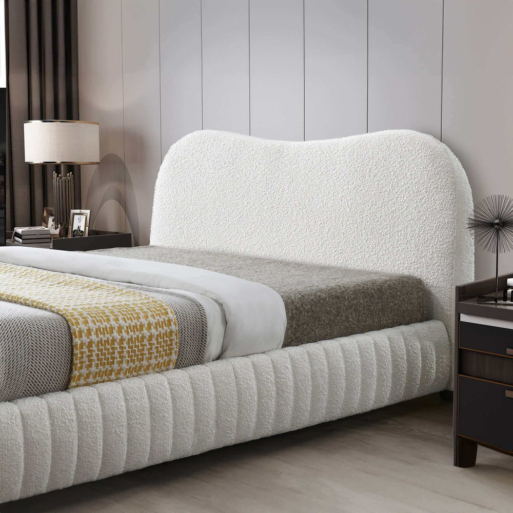 Norme Boucle Upholstered Low-Profile Queen Size Platform Bed in Cream Left Angle.