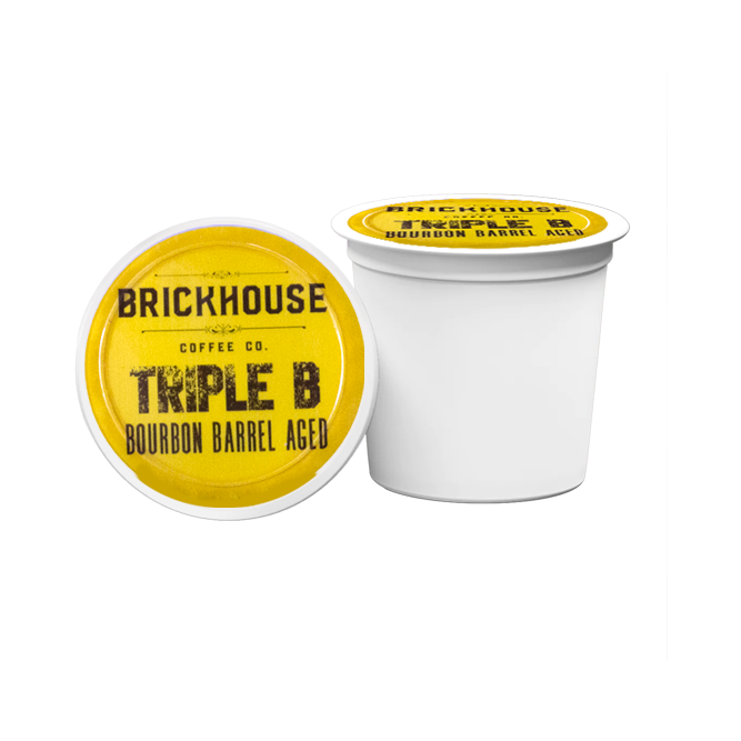 Brickhouse Coffee Co. Triple B Bourbon Barrel Aged coffee pods on a white background