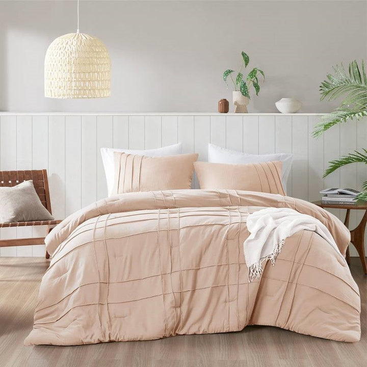 Queen Size Microfiber Pleated Soft Washed Comforter Set in Pink Blush