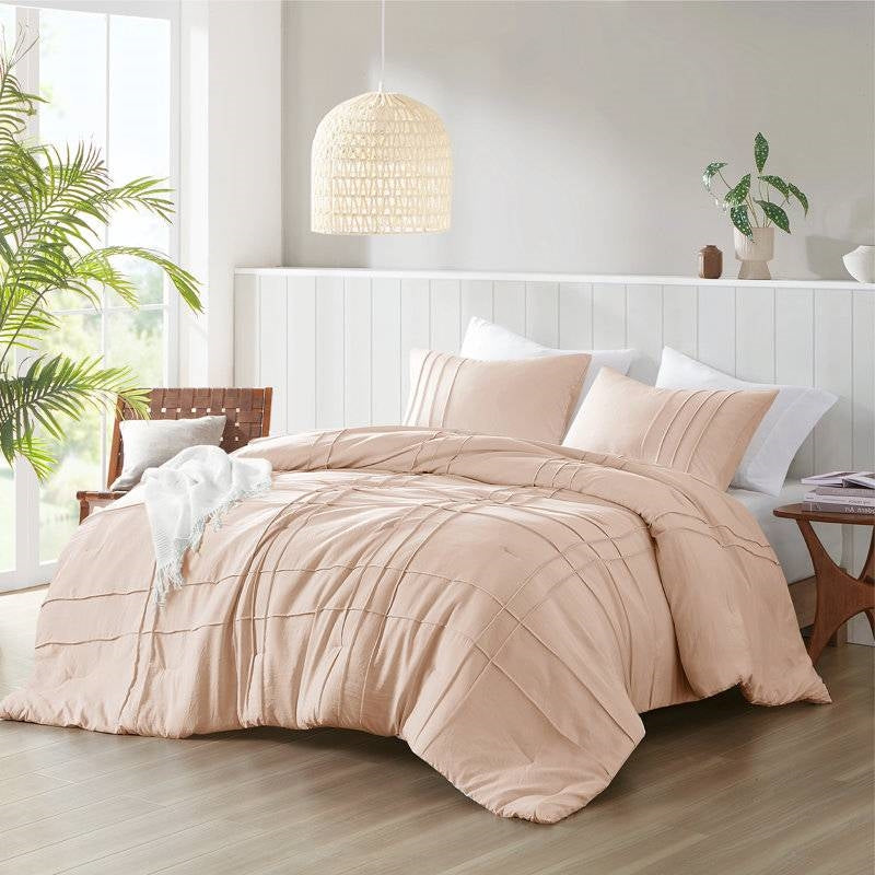 Queen Size Microfiber Pleated Soft Washed Comforter Set in Pink Blush