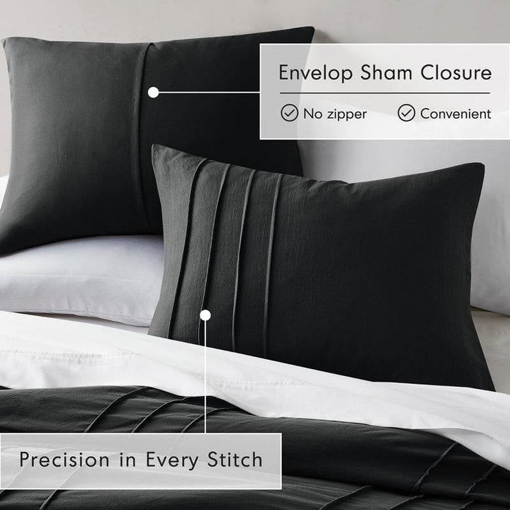 Full/Queen Size Pre-Washed Pleated Microfiber Comforter Set in Black