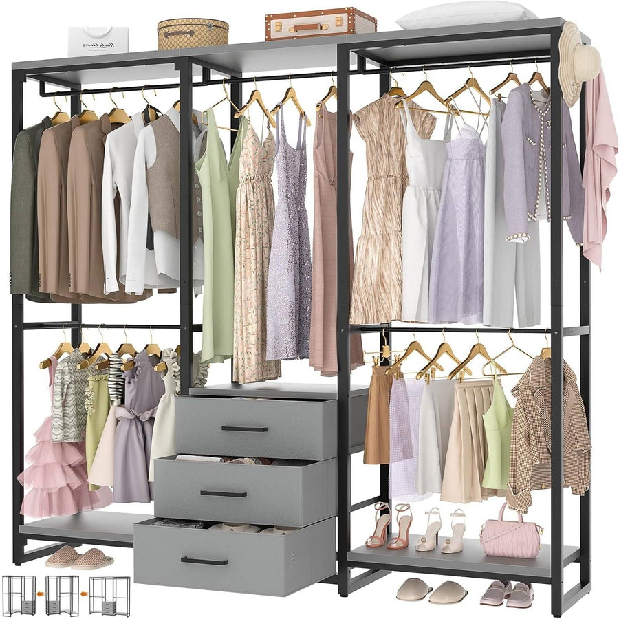 Heavy Duty Black Grey Freestanding Garment Rack Closet Wardrobe with 3 Drawers
