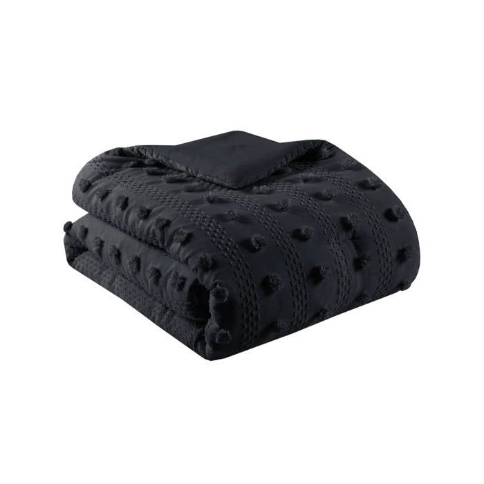 King/Cal King 3 Piece Pompom Microfiber Hypoallergenic Comforter Set in Black