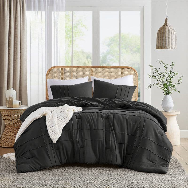 King Size Pre-Washed Pleated Microfiber Comforter Set in Black