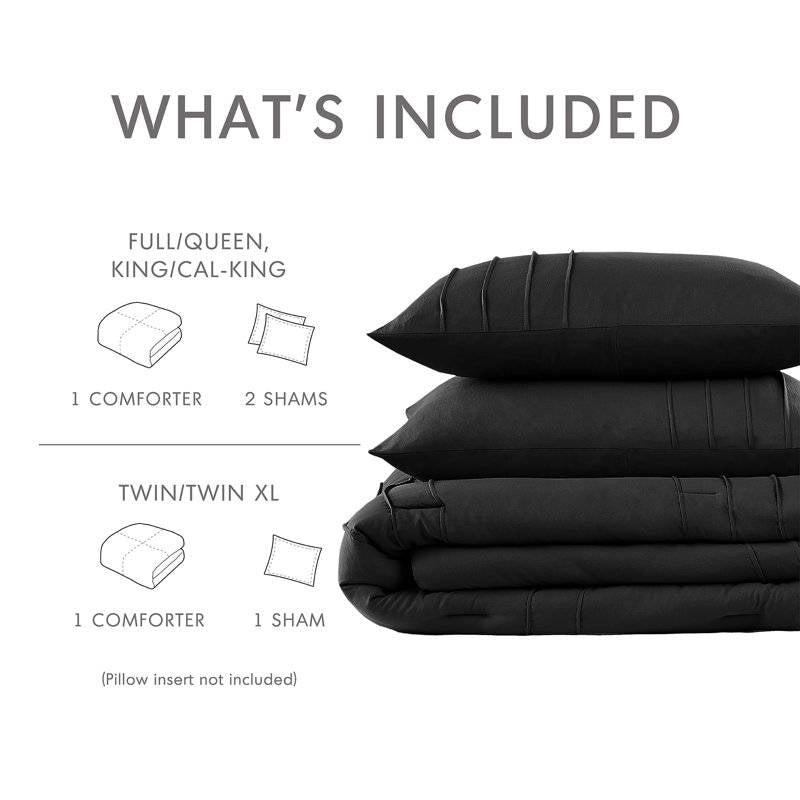 King Size Pre-Washed Pleated Microfiber Comforter Set in Black