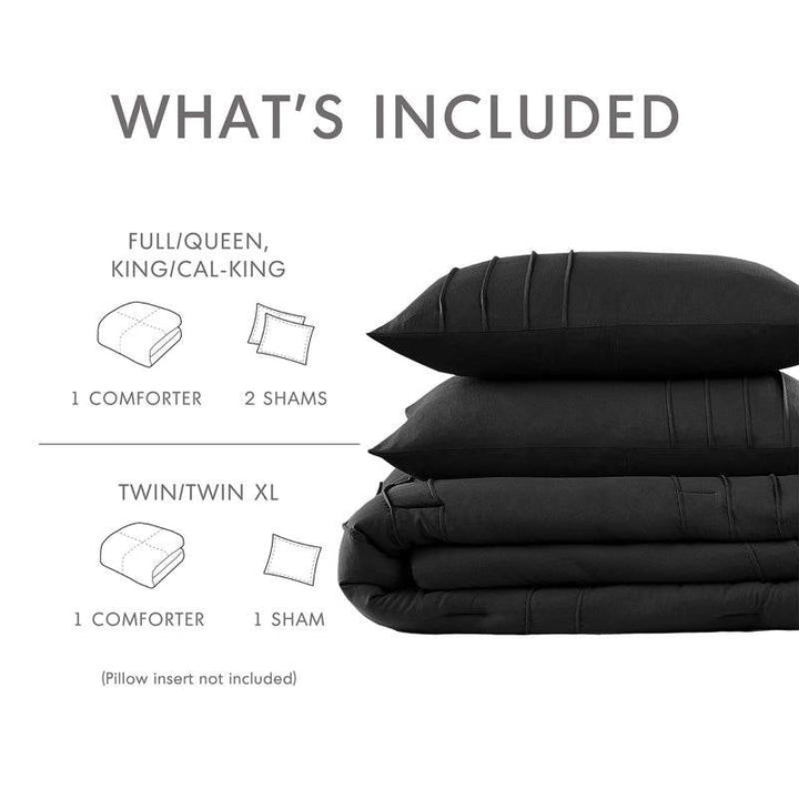King Size Pre-Washed Pleated Microfiber Comforter Set in Black