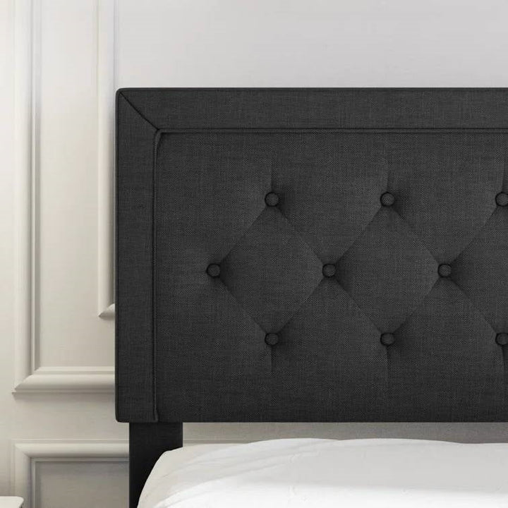 Queen Black Linen Upholstered Platform Bed Frame with Button-Tufted Headboard