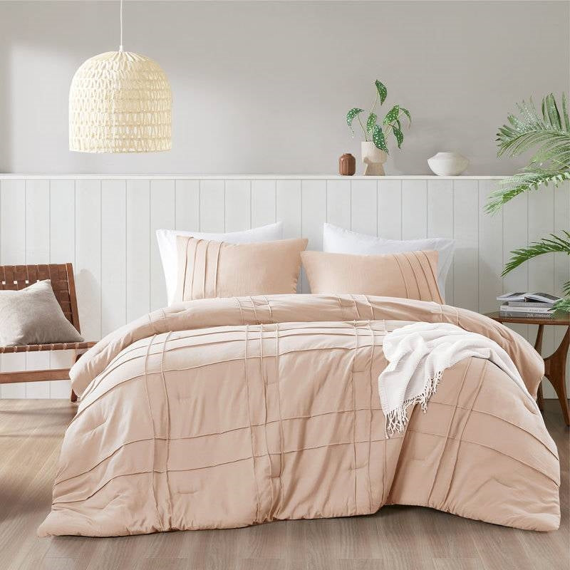 King Size Microfiber Pleated Soft Washed Comforter Set Pink Blush Color