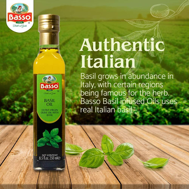 Basso 1904, Basil Oil, Infused Extra Virgin Olive Oil, 8.5 Fluid oz. (250ml)