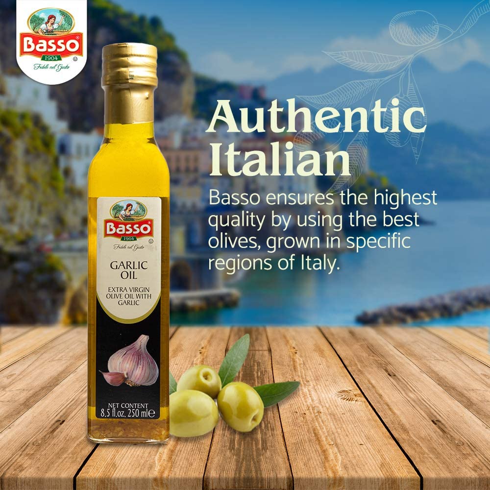 Basso 1904, Garlic Infused Extra Virgin Olive Oil – 8.5 Fluid oz. (250 ml)