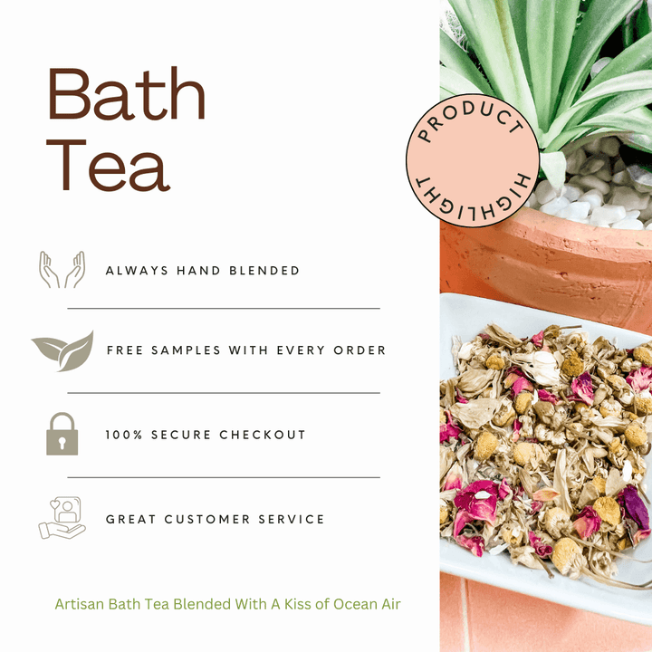 Bath Tea product with text highlighting features and a close-up of the tea on a white plate.