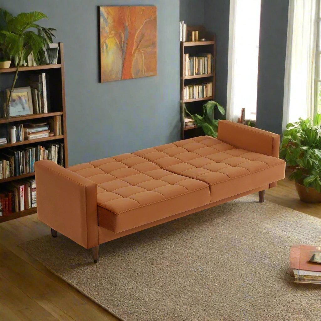 Benara Burnt Orange Velvet Sleeper Sofa Opened View