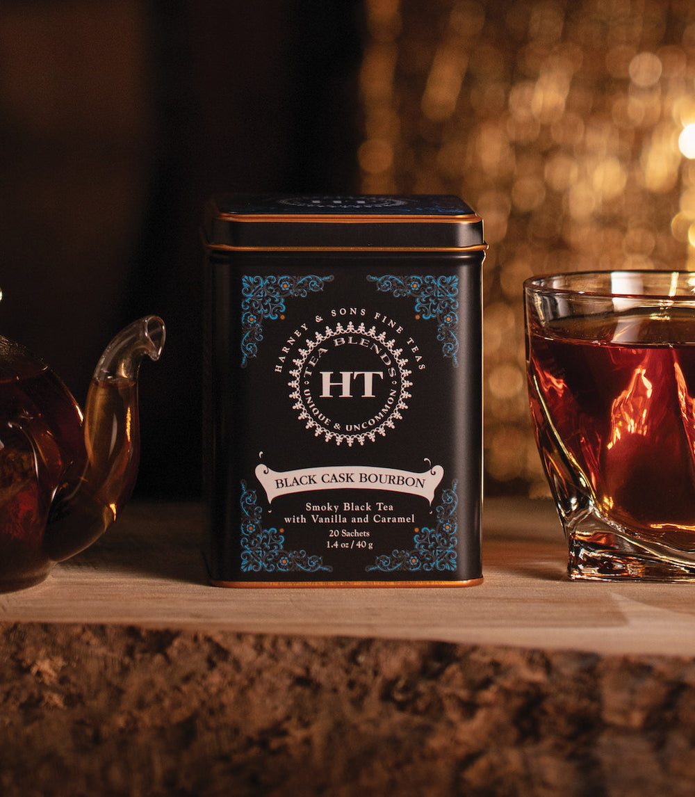 Black Cask Bourbon Tea HT Tin of 20 Sachets with Background.