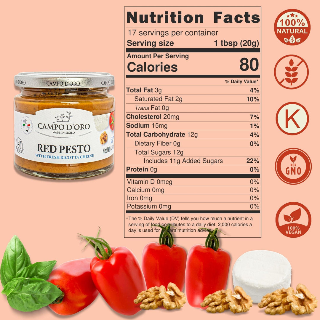 Campo D'Oro, Red Pesto Sauce, Sundried Tomato Pesto, 6.35 oz.
