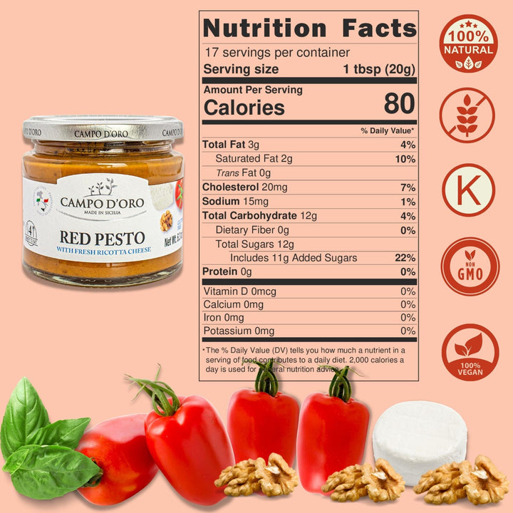 Campo D'Oro, Red Pesto Sauce, Sundried Tomato Pesto, 6.35 oz.