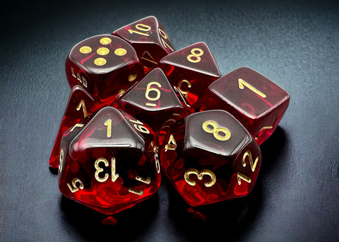 Translucent Polyhedral Crimson/gold 7-Die Set (with bonus die)
