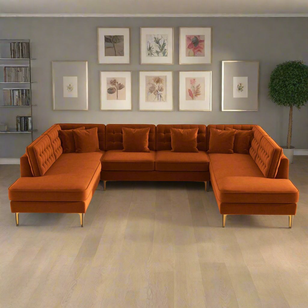 Brooke Velvet U Shape Corner Sofa Orange Front