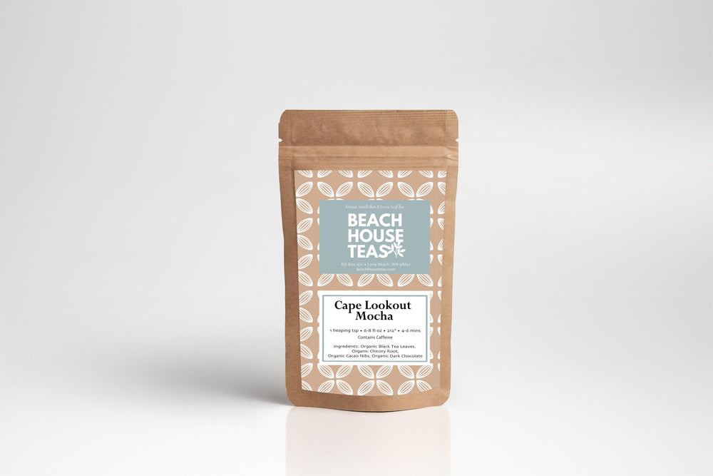 Beach House Teas Cape Lookout Rooibos tea package on a white background.