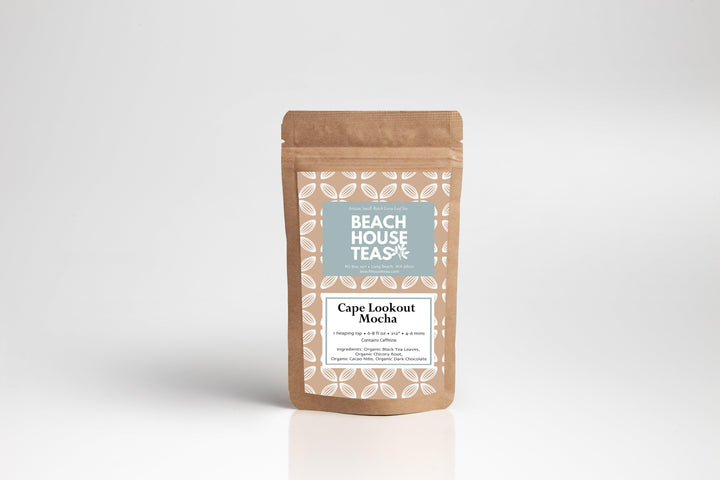 Beach House Teas Cape Lookout Rooibos tea package on a white background.