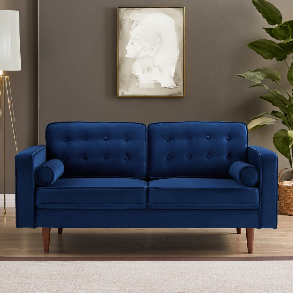 Casey Blue Velvet Loveseat with Background